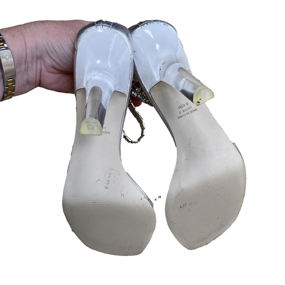 Valerie Stevens Lucite 2 Silver Rhinestones High Heels Ankle Strap Shoes US 8.5M - Picture 8 of 11